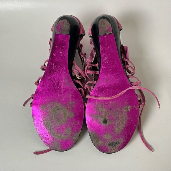 Betsey Johnson Cicii Suede Wedge Pink Ruffle Strappy Leather Sandals Boho Chic 8 - Picture 7 of 9